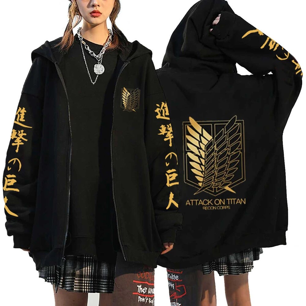 Unisex Attack On Titan Zip Up Hoodie Y2k Streetwear Liberty Wings Graphic Jacket - 26