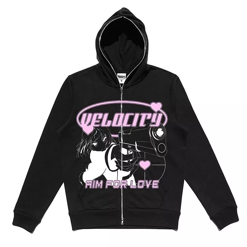 Y2k Gothic Oversized Hoodie With Anime Graphics Long Sleeve Zipup Jacket - 4