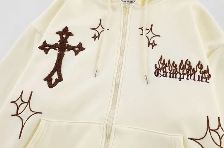 Gothic Letters Print Oversized Zip Hoodie Autumn Cotton Jacket - 17