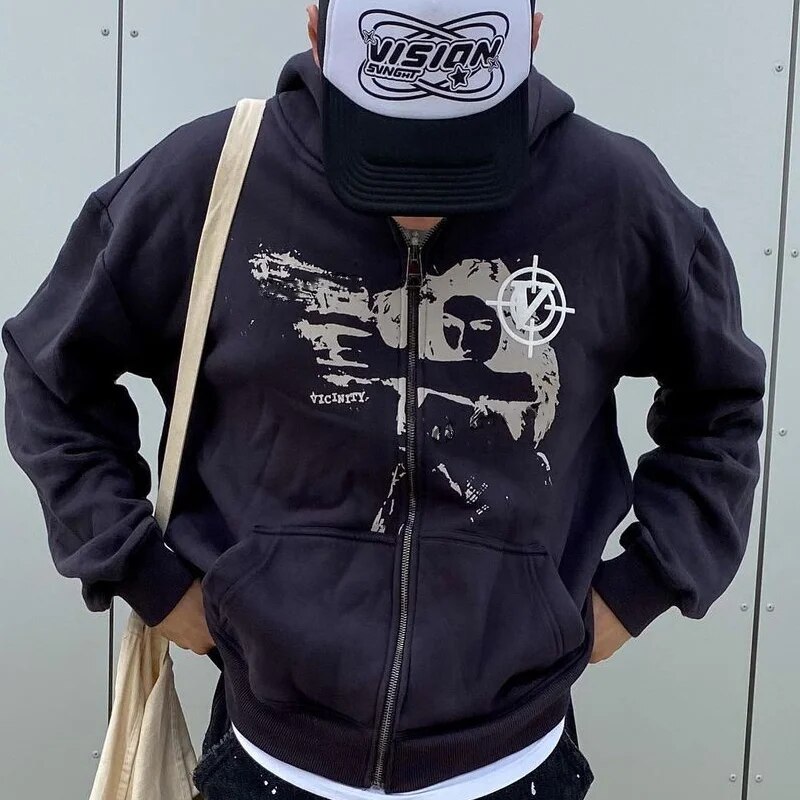 Unisex Y2k Grunge Spider Web Rhinestone Skeleton Zipup Hoodie Sweatshirt - 32