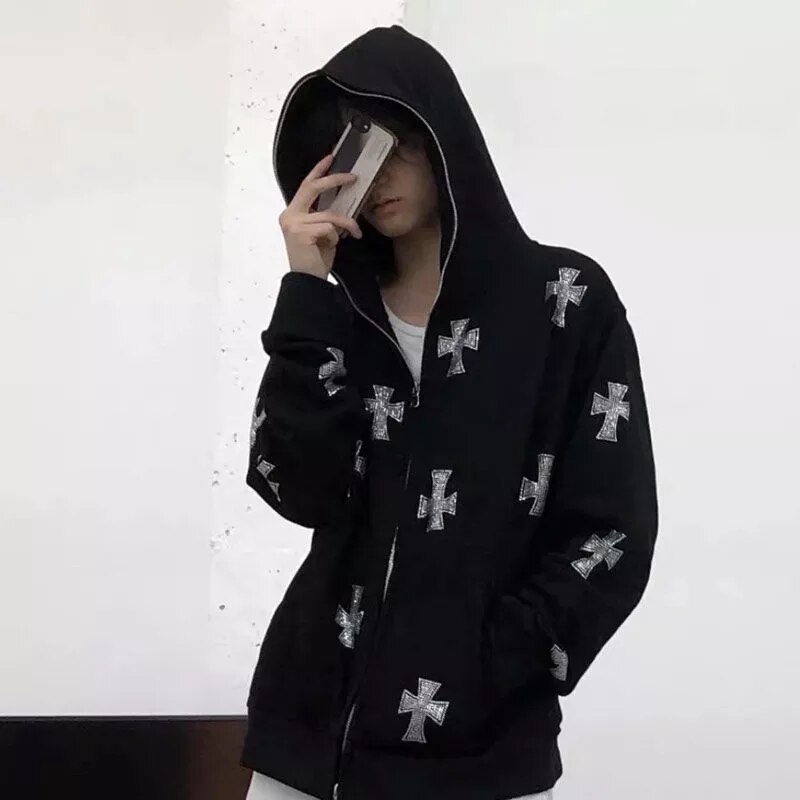 Unisex Y2k Grunge Spider Web Rhinestone Skeleton Zipup Hoodie Sweatshirt - 41