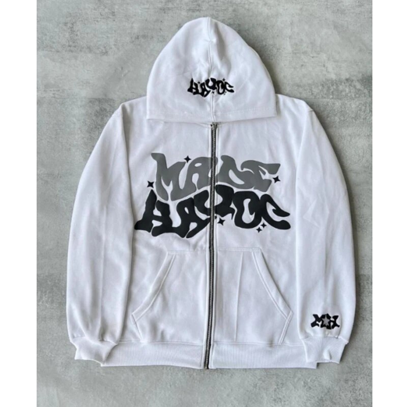 Mens Retro Printed Zipup Hoodie Jacket Oversized Autumnwinter Sweatshirt - 30