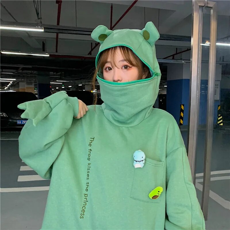 Embroidered Frog Zipup Hoodie With Doll Decoration For Womens Casual Wear - 44