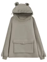 Embroidered Frog Zipup Hoodie With Doll Decoration For Womens Casual Wear - 4