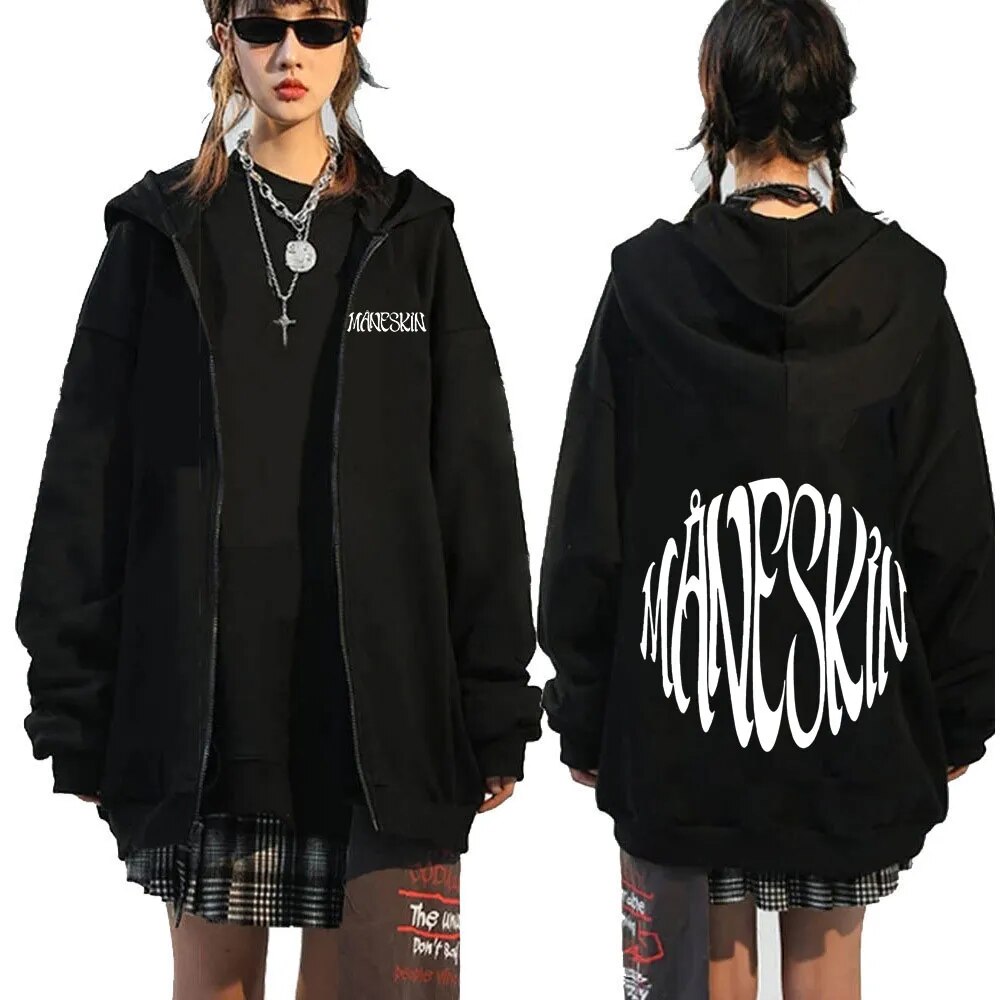 Maneskin Band Logo Zipup Hoodie Mens Vintage Punk Oversized Sweatshirt Jacket - 8
