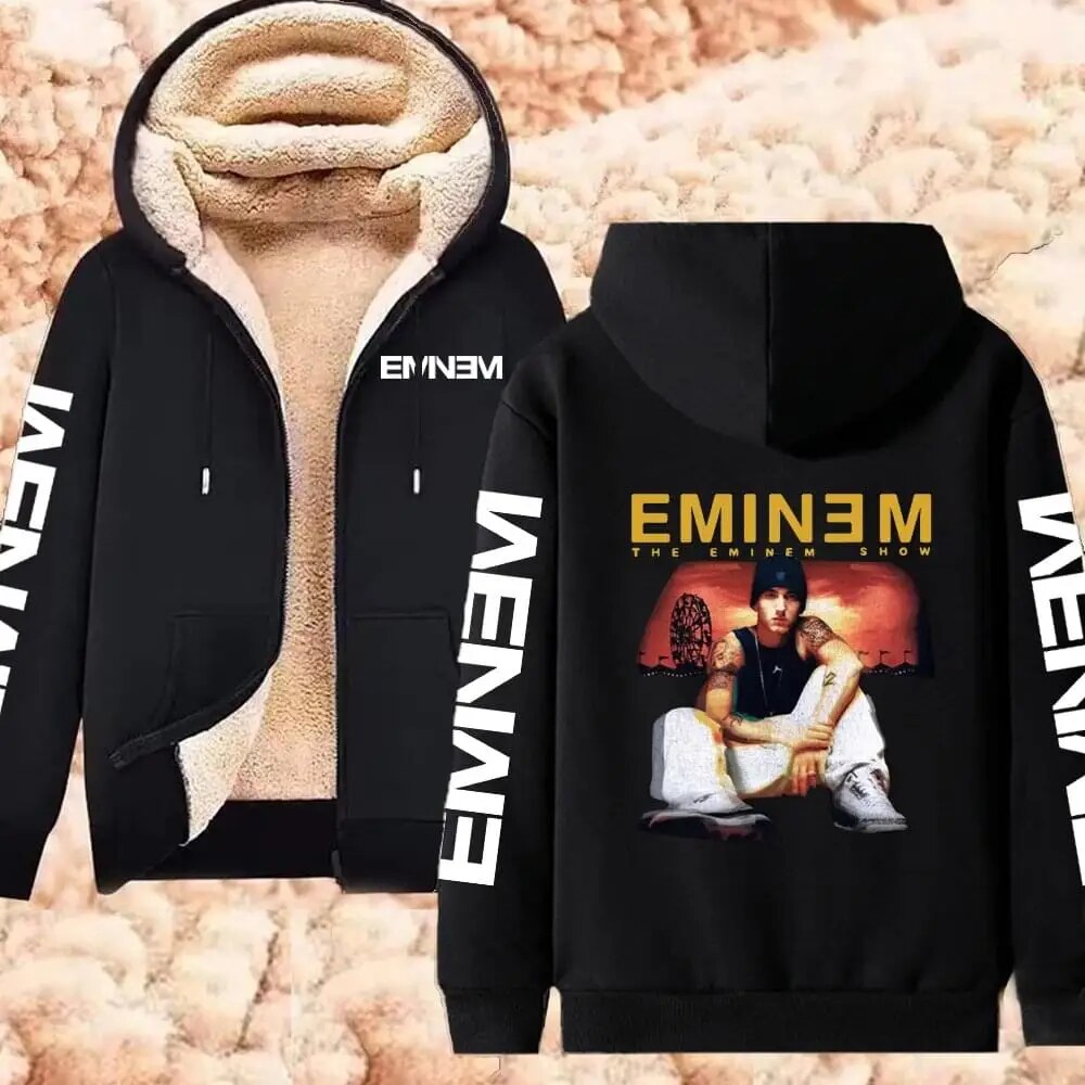 Eminem Printed Winter Hoodie Thicken Zipup Jacket With Lambswool Lining - 17