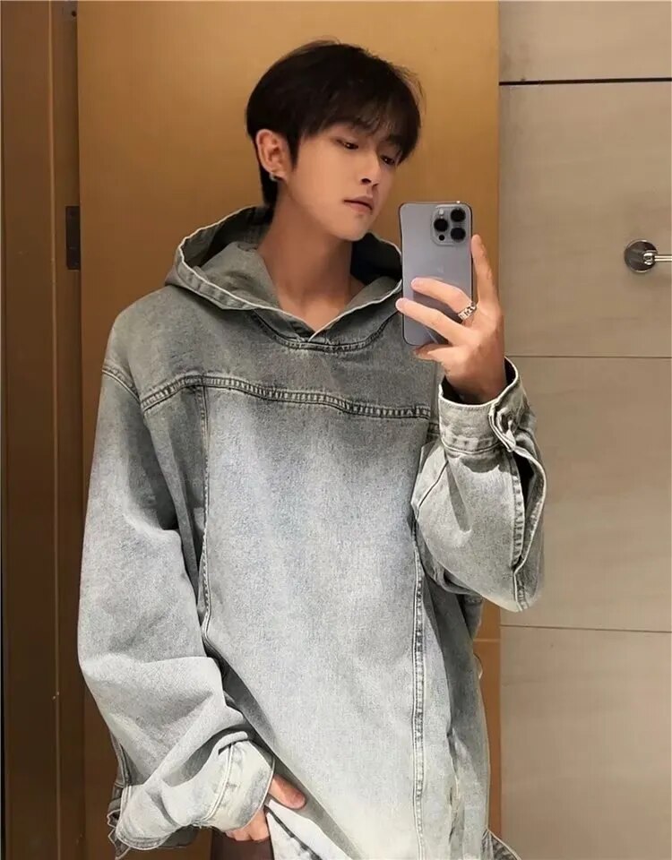 Y2k Vintage Oversized Denim Hoodie For Men And Women Hip Hop Style - 12