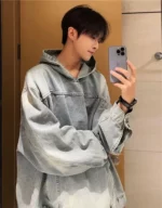 Y2k Vintage Oversized Denim Hoodie For Men And Women Hip Hop Style - 2