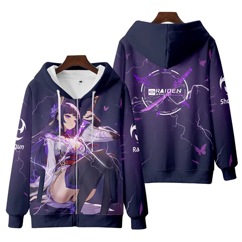 Genshin Impact 3d Print Zipup Cosplay Hoodie Unisex Raiden Shogun Design - 14