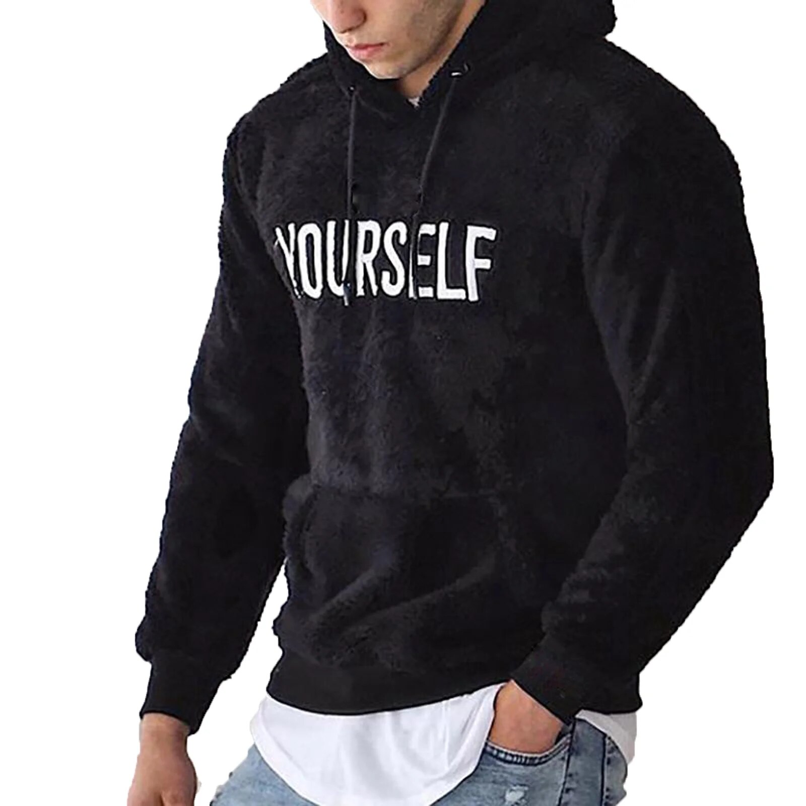 Mens Warm Wool Hooded Sweatshirt Letter Print Kangaroo Pocket For Winter - 8