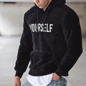 Mens Warm Wool Hooded Sweatshirt Letter Print Kangaroo Pocket For Winter - 3