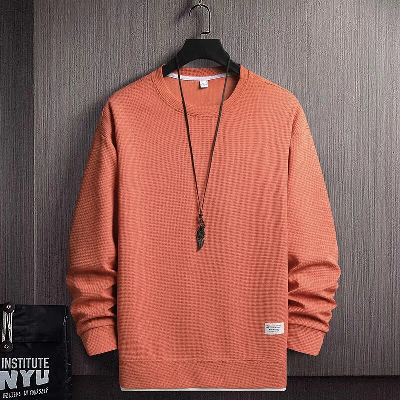 Mens Oversized Waffle Knit Sweatshirt Trendy Autumn Longsleeved Round Neck - 8