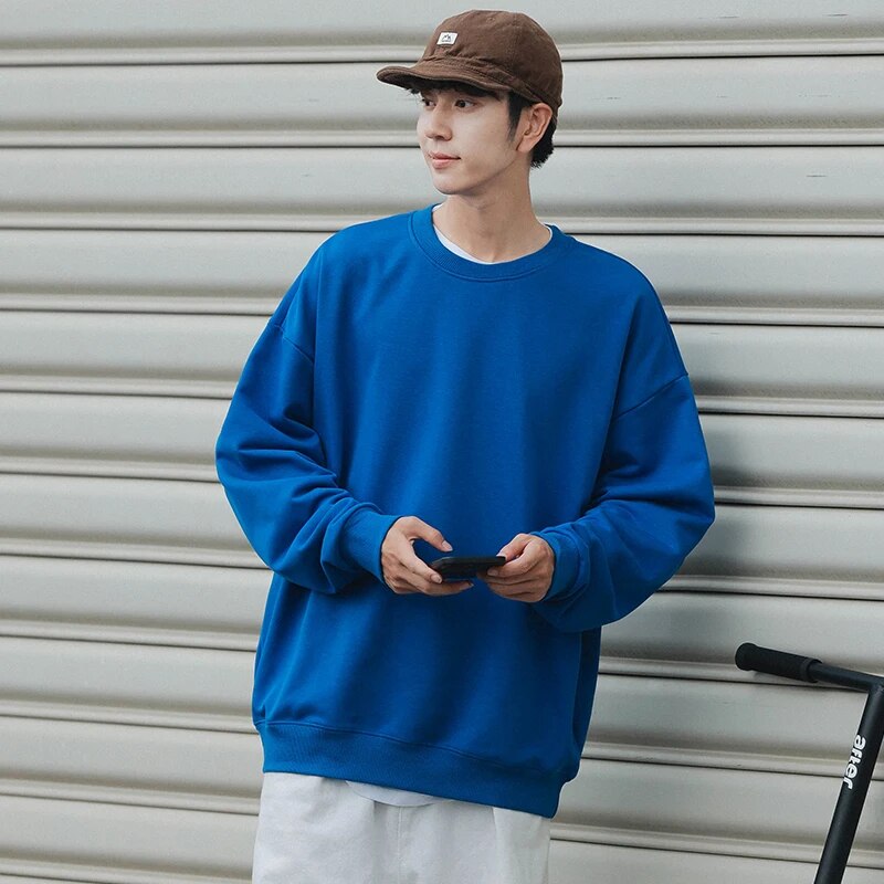 Mens Cotton Sweatshirt Y2k Oversized Casual Streetwear Solid Korean Autumn Pullover - 40