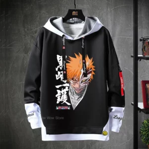 Bleach Anime Kurosaki Ichigo Letter Print Patchwork Hoodie Sweatshirt Pullover - 1
