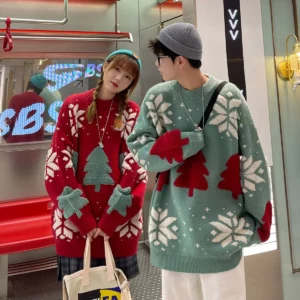 Unisex Korean Christmas Knitted Sweaters Loose Round Neck Winter Pullovers - 1