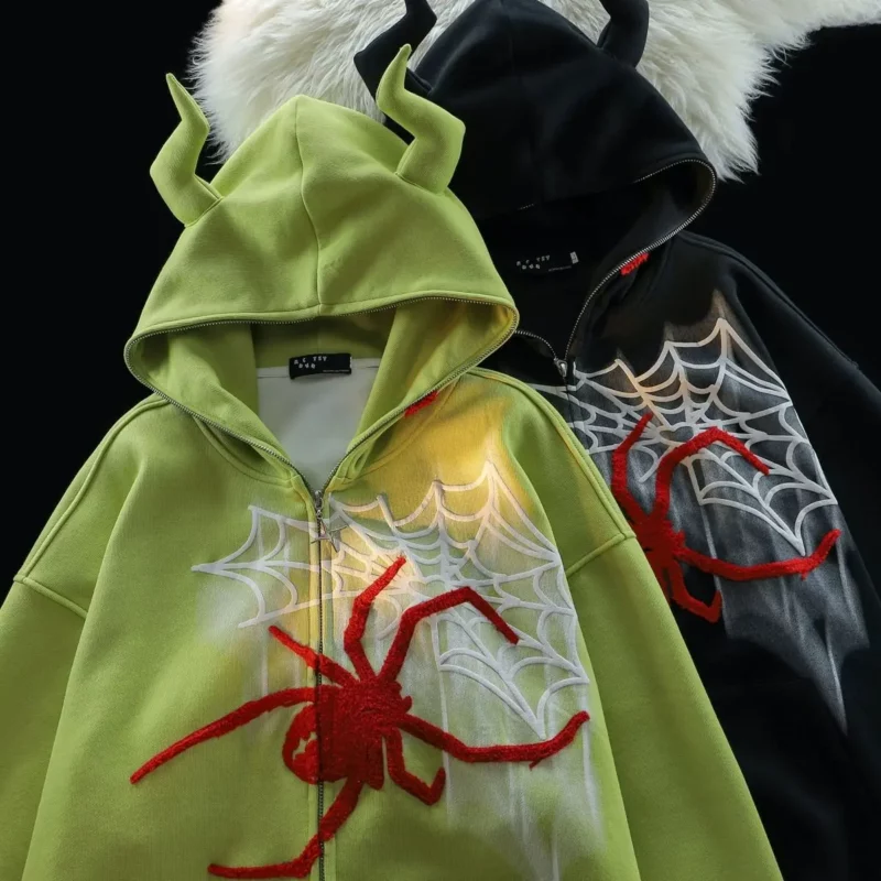Unisex Y2k Street Style Spider Cardigan With Devil Horn Hood Autumnwinter - 1