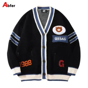 Mens Knitted Bear Embroidery Oversized Cardigan Winter Harajuku Jacket - 1