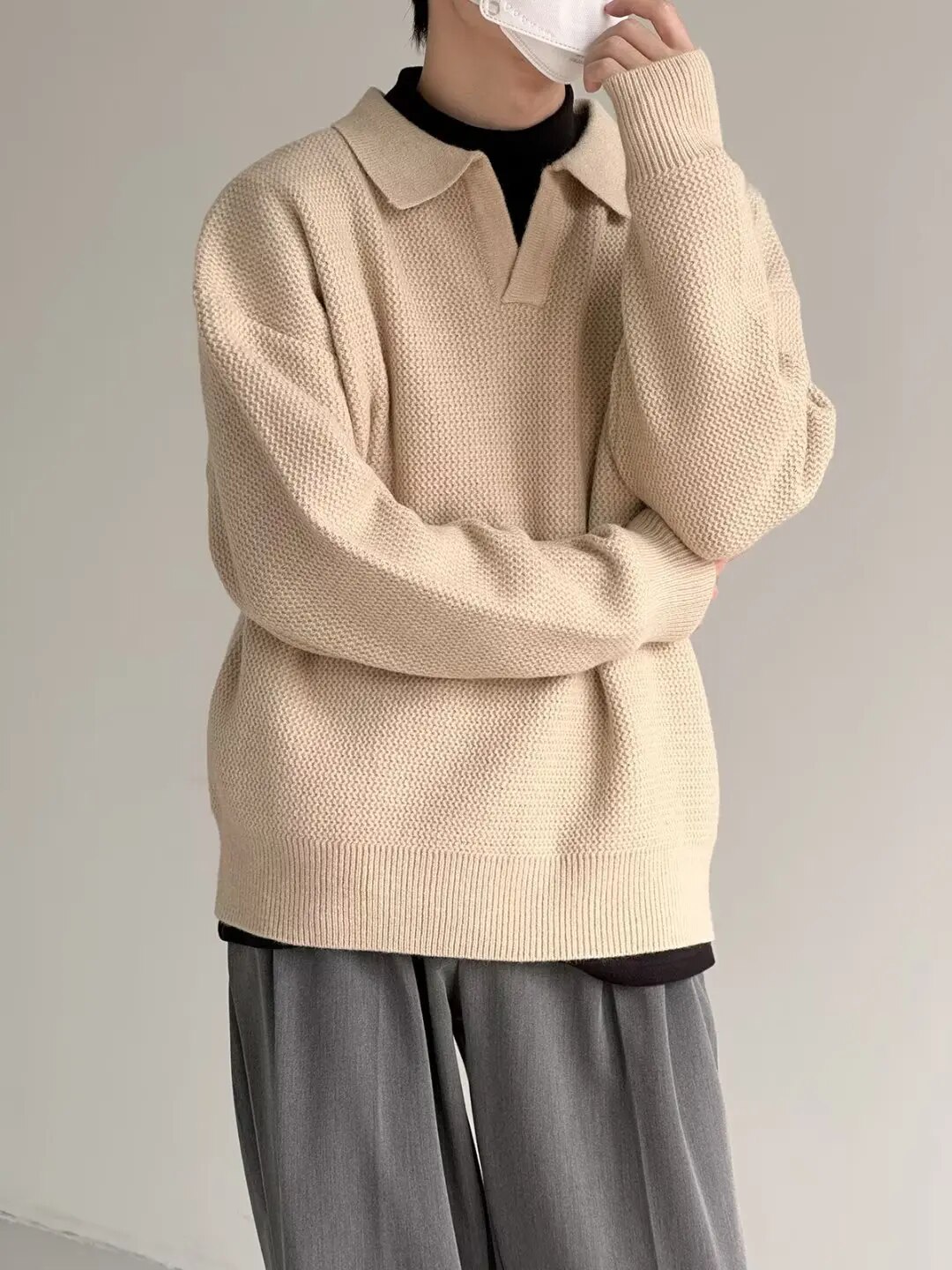 Mens Oversized Houzhou Knitted Polo Sweater Casual Autumnwinter Korean Streetwear - 19