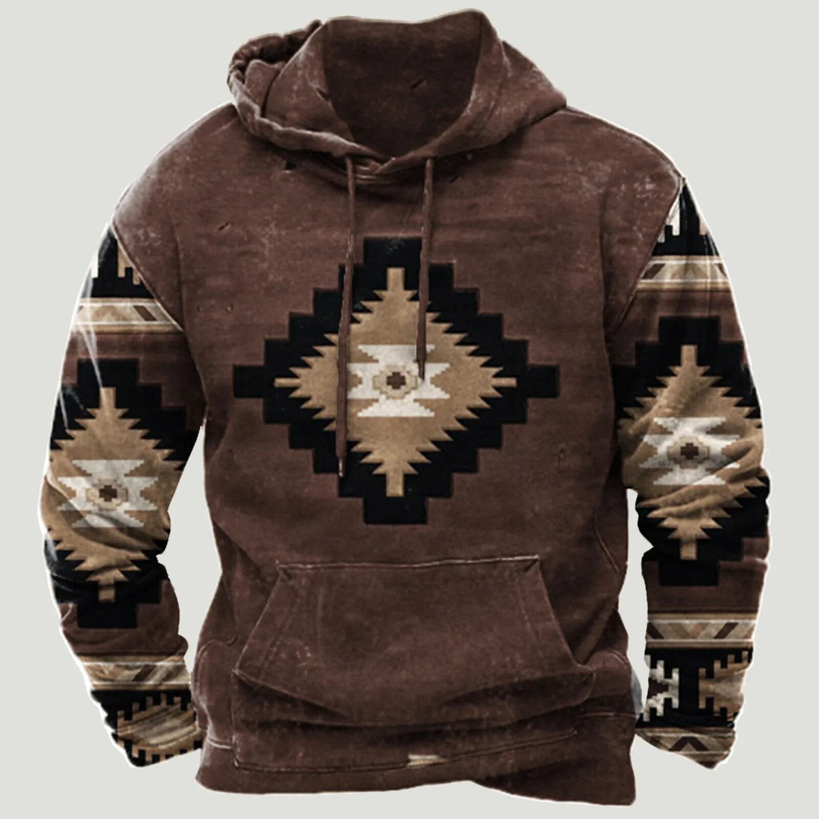 Vintage Mens Western Cowboy Hoodie Aztec Indian Oversized Sweatshirt Top - 13
