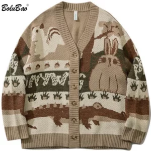 Bolubao Mens Vintage Oversized Cardigan Hip Hop Streetwear Harajuku Knit Sweater - 1